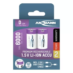   ANSMANN akku, Li-ion, Lítium, D típusú 6000 mAh, 1.5V, Elektromos ajtózárakhoz is, USB-C kábellel tölthető, 2db