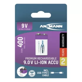   ANSMANN akku, Li-ion, Lítium, E típusú 9 V, 400 mAh, Mérőműszerekhez is, USB-C kábellel tölthető, 1 db