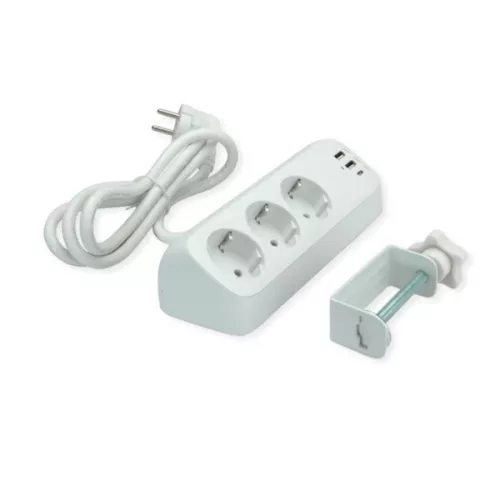 VALUE Hálózati elosztó, Asztali, 3-as + 2x USB-A, 1x USB-C 1,5m, fehér