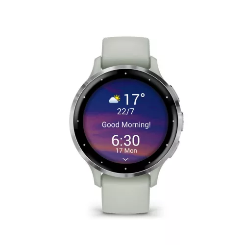 Garmin Venu 3S Silver Stainless Steel Bezel with Sage Grey Case and Silicone Band