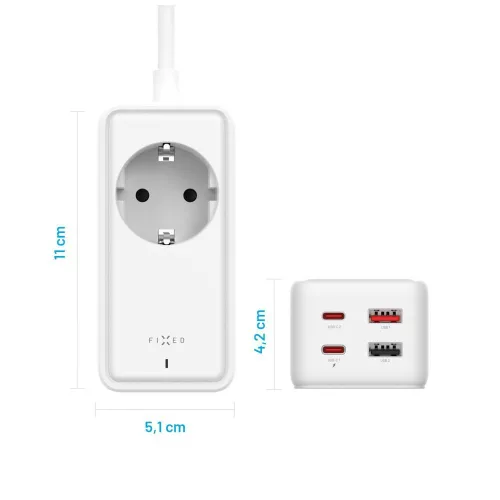 FIXED hálózati USB töltő, GaN III technológia, kimenetetk: 2 * USB-A QC3.0, 2 * USB-C PD3.0 65W , 1*220V, 3m kábel, fehér