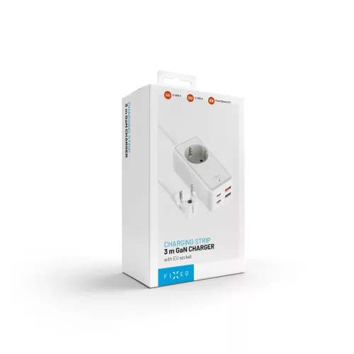 FIXED hálózati USB töltő, GaN III technológia, kimenetetk: 2 * USB-A QC3.0, 2 * USB-C PD3.0 65W , 1*220V, 3m kábel, fehér