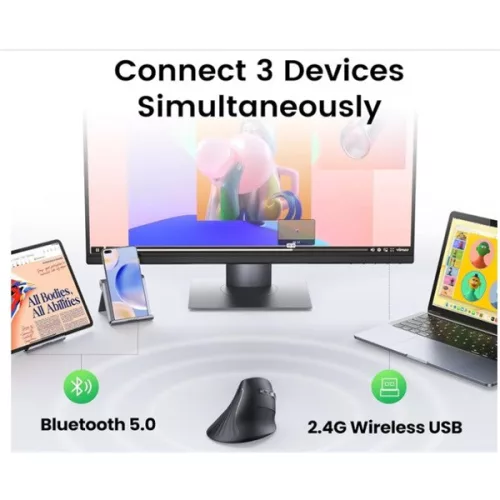 UGREEN Egér Vertikális, wireless, multi mód, 5 programozható gombos, Ergonomikus, 4000 DPI, Bluetooth 5.0 + 2.4G, fekete