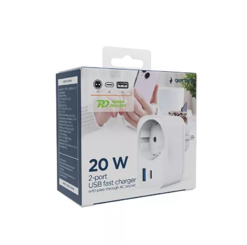 Gembird TA-ACPDQC20-01-W 2-port USB fast charger with pass-through AC socket 20W White