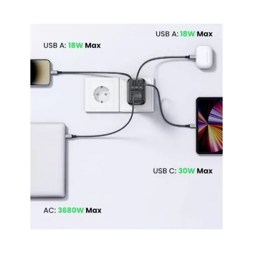 UGREEN Hálózati elosztó, Konnektor bővítő, 1x Schuko, 2x USB-A, 1x USB-C, 30W, szürke