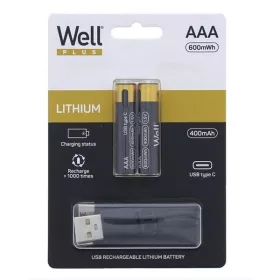   WELL akku elem, USB-C kábellel újratölthető, micro ceruza (AAA) 400mAh, 2db/Cs