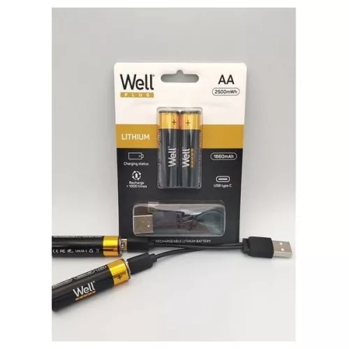WELL akku elem, USB-C kábellel újratölthető, ceruza (AA) 1660mAh, 2db/Cs