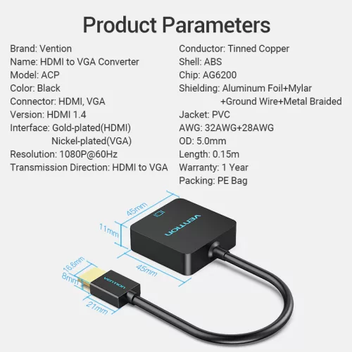 Vention HDM -> VGA, 0,15m, konverter