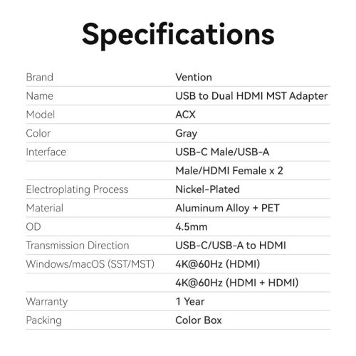 Vention USB-C/USB-A -> HDMI*2 (dual) MST, dokkoló