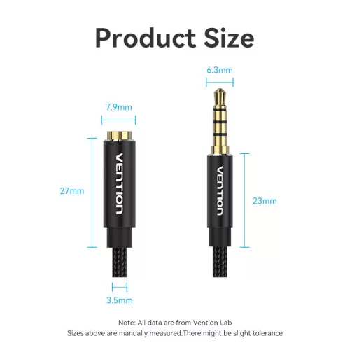 Vention 3.5mm jack/M -> 3.5mm/F, 0,5m, (hosszabbító,audio,fekete), kábel