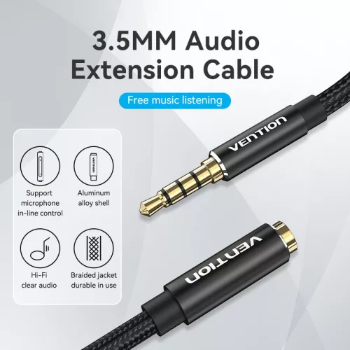 Vention 3.5mm jack/M -> 3.5mm/F, 2m, (hosszabbító,audio,fekete), kábel