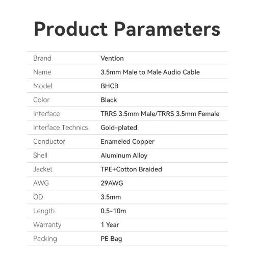 Vention 3.5mm jack/M -> 3.5mm/F, 2m, (hosszabbító,audio,fekete), kábel