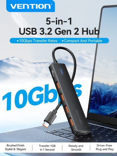 Vention USB-C -> USB-A 3.2*4 , 0,15m (táppal, 4-Portos, fekete), hub
