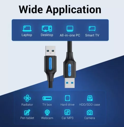 Vention USB-A 3.0/M ->  USB-A 3.0/M,  (PVC,fekete), 0,5m, kábel
