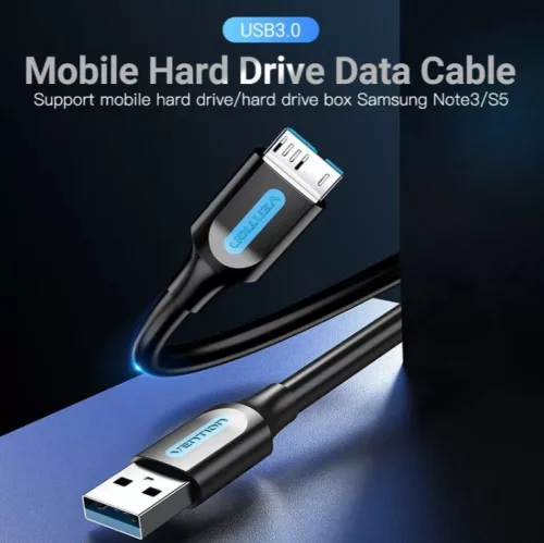 Vention USB-A 3.0/M -> Micro USB-B,   ( PVC,fekete), 0,5m,  kábel