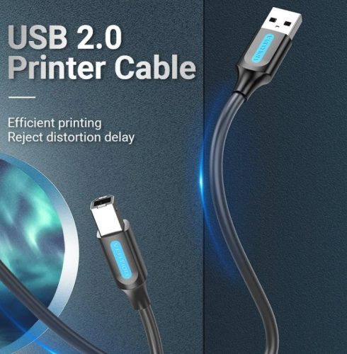 Vention USB-A 2.0/M -> USB-B/M, (PVC, fekete, nyomtatókábel, printerkábel), 1,5m, kábel
