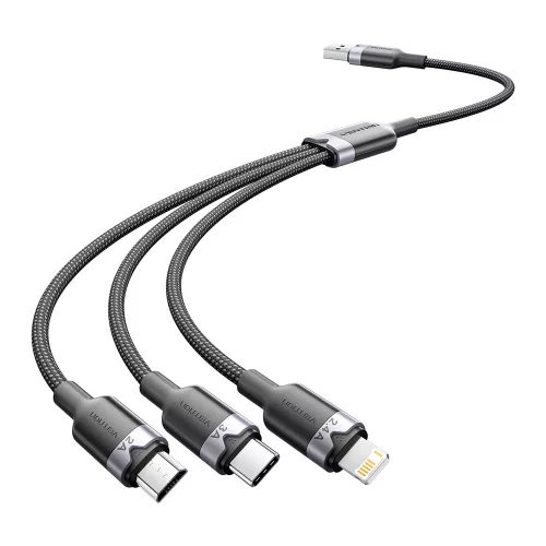Vention USB-A 2.0/M -> USB-C/Lightning/Micro USB-B, 1,5m,(fekete,3A,3in1), kábel