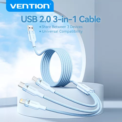Vention USB-A 2.0/M -> USB-C/Lightning/Micro USB-B, 1,5m,(blue,3A,3in1), kábel