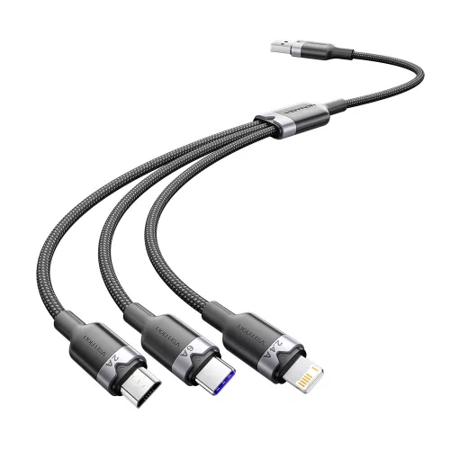 Vention USB-A 2.0/M -> USB-C/Lightning/Micro USB-B, 1,5m,(fekete,6A,3in1), kábel