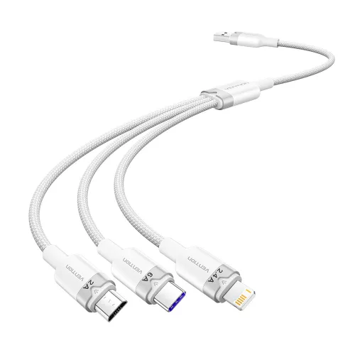 Vention USB-A 2.0/M -> USB-C/Lightning/Micro USB-B, 1,5m,(fehér,6A,3in1), kábel