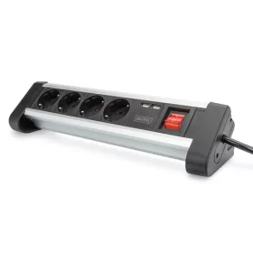   DIGITUS 4-way Office Power Strip with 2x USB On/Off Switch - Alu-housing - USB out: 5V/2A - Black/Silver