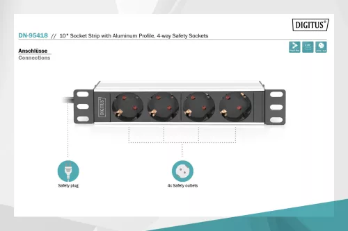 DIGITUS DN-95418 10" 1U PDU 230V 16A 4x Schuko aljzat CEE7/7 csatlakozó hálózati 2m elosztósor