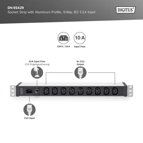 DIGITUS DN-95429 19" 1U PDU 230V 10A 9xIEC C13 aljzat IEC C14 csatlakozó 2m elosztósor