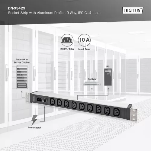 DIGITUS DN-95429 19" 1U PDU 230V 10A 9xIEC C13 aljzat IEC C14 csatlakozó 2m elosztósor