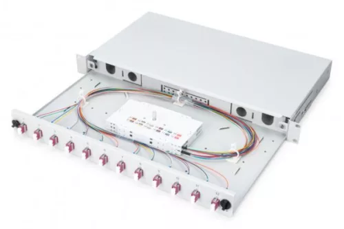DIGITUS DN-96331-4 19" 1U 12xLC duplex OM4 toldóval pigtaillel és kötőkazettával szerelt optikai patch panel