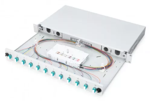 DIGITUS DN-96331/3 19" 1U 12xLC duplex OM3 toldóval pigtaillel és kötőkazettával szerelt optikai patch panel