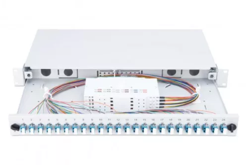 DIGITUS DN-96332/9 19" 1U 24xLC duplex OS2 toldóval pigtaillel és kötőkazettával szerelt optikai patch panel