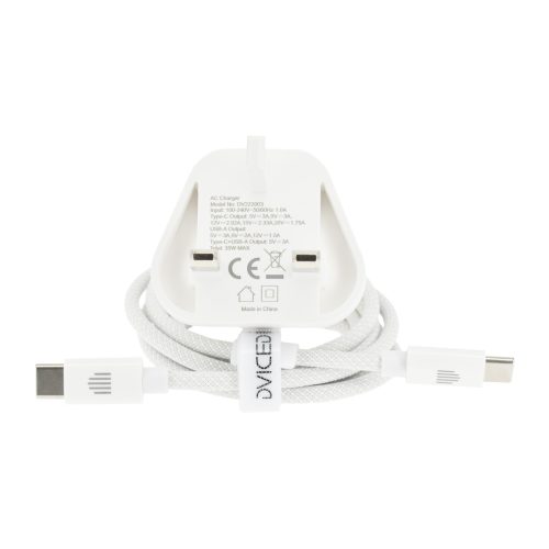 Dviced Wall charger 35W GaN 1 USB-A 1 USB-C UK w cable - White