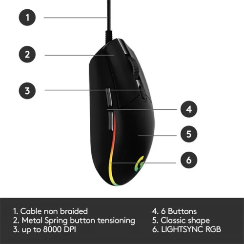 Logitech Egér - G203 Lightsync (Vezetékes, Gaming, Optikai, USB, 8000 DPI, fekete)