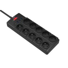   WELL Hálózati elosztó 10-es,, 3x USB-A, 1x USB-C, túlfeszvédős, 2m, fekete