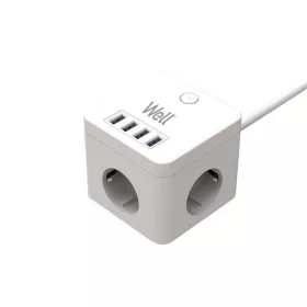   WELL Hálózati elosztó Powercube, 3-as, túlfeszvédős, 4x USB-A, kapcsolóval, 3m, fehér