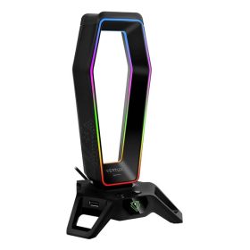   Vertux Fejhallgató állvány - HEXARACK (7.1 audio konverter, 3xUSB 3.0, 3,5mm Jack, RGB LED, fekete)
