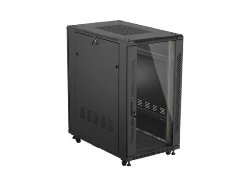 Lanberg FF01-6022-12B 19" 22U SZÉL:600mm MÉLY:1000mm MAG:1200mm lapraszerelt üvegajtós fekete szerver szekrény
