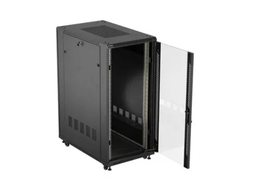 Lanberg FF01-6027-12B 19" 27U SZÉL:600mm MÉLY:1000mm MAG:1373mm lapraszerelt üvegajtós fekete szerver szekrény