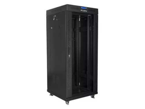 Lanberg FF01-6627-12BL 19" 27U SZÉL:600mm MÉLY:600mm MAG:1431mm lapraszerelt LCD üvegajtós fekete álló rack szekrény