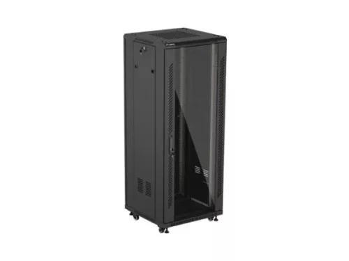 Lanberg FF01-6632-12B 19" 32U SZÉL:600mm MÉLY:600mm MAG:1603mm lapraszerelt üvegajtós fekete álló rack szekrény