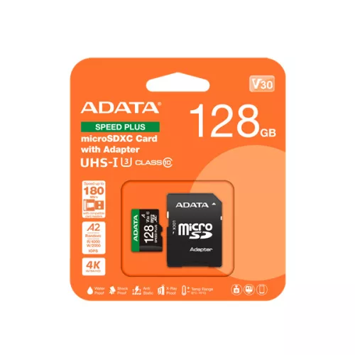 ADATA MicroSD kártya - 128GB microSDXC UHS-I U3 Class10 A2 V30 (R/W: 180/160 MB/s) + adapter