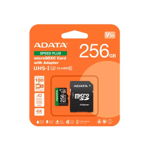 ADATA MicroSD kártya - 256GB microSDXC UHS-I U3 Class10 A2 V30 (R/W: 180/160 MB/s) + adapter