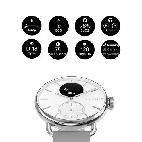 Withings Scanwatch 2 / 38mm (Activity, Sleep Tracker, ECG, Temperature, SPO2 / Stainless steel, fkm wristband, sapphire glass) - White