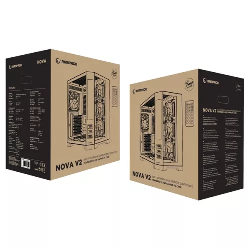 Rampage Számítógépház - NOVA V2 (fekete; üveg; ATX; 9,17" LCD kijelző, 7x120mm A-RGB, 1xUSB3.0 + 1xUSB-C)