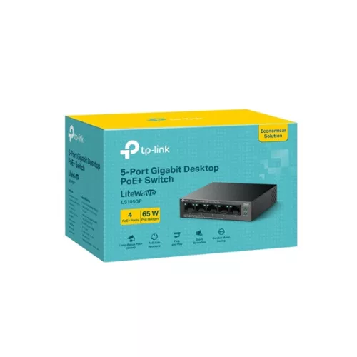 TP-LINK PoE Switch 5x1000Mbps (4xPOE+) Fémházas Asztali, LS105GP