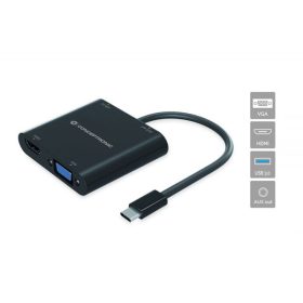   Conceptronic Notebook Dokkoló - DONN09B (USB-C to HDMI+VGA+USB-A+AUX, fekete)