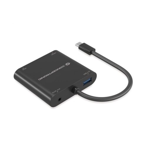 Conceptronic Notebook Dokkoló - DONN09B (USB-C to HDMI+VGA+USB-A+AUX, fekete)