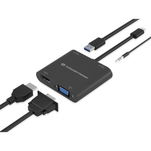 Conceptronic Notebook Dokkoló - DONN09B (USB-C to HDMI+VGA+USB-A+AUX, fekete)