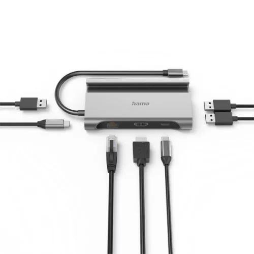 Hama USB HUB - 200143 (USB-C 7in1, 3xUSB 3.1, 2xUSB-C, 1xHDMI, 1xLAN, 100W PD, szürke)