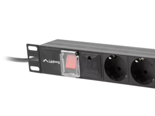 Lanberg PDU-07F-0200-BK 19" 1U 7xSchuko aljzat Schuko csatlakozóvéggel 2m túlfeszültségvédett elosztósor kapcsolóval